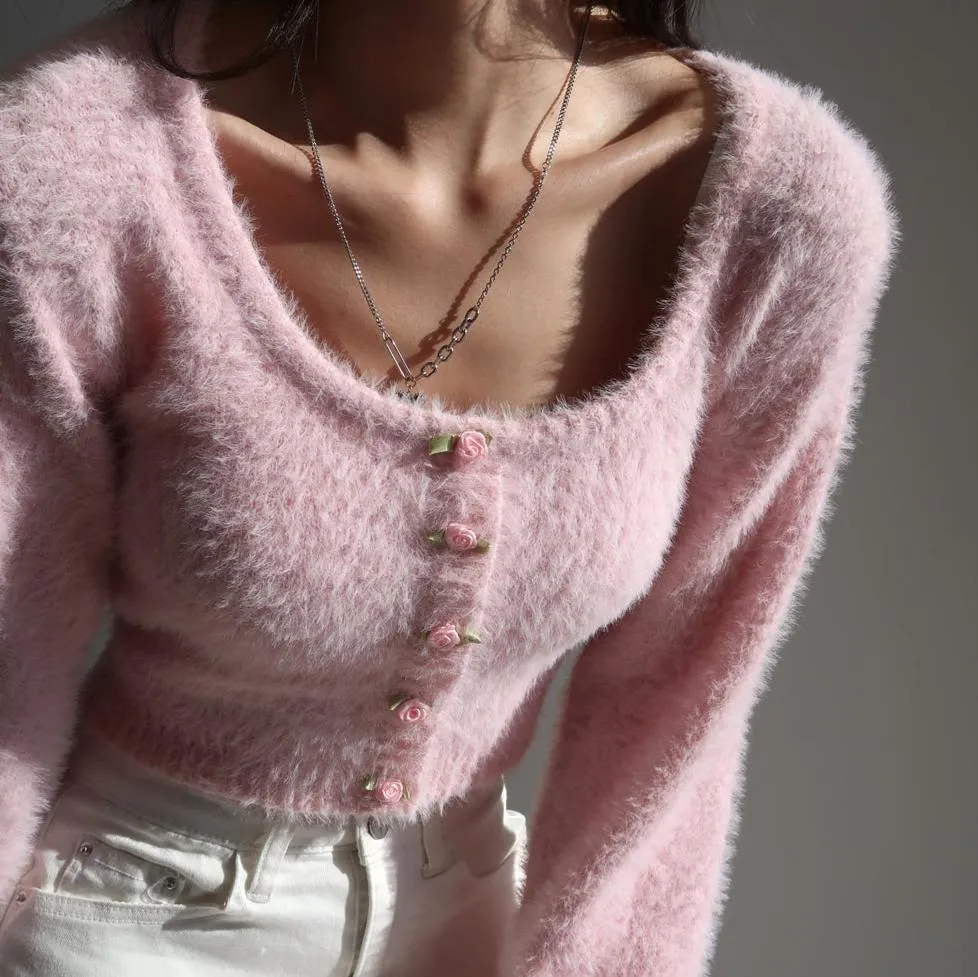 Aria Rose Button Fuzzy Crop Cardigan