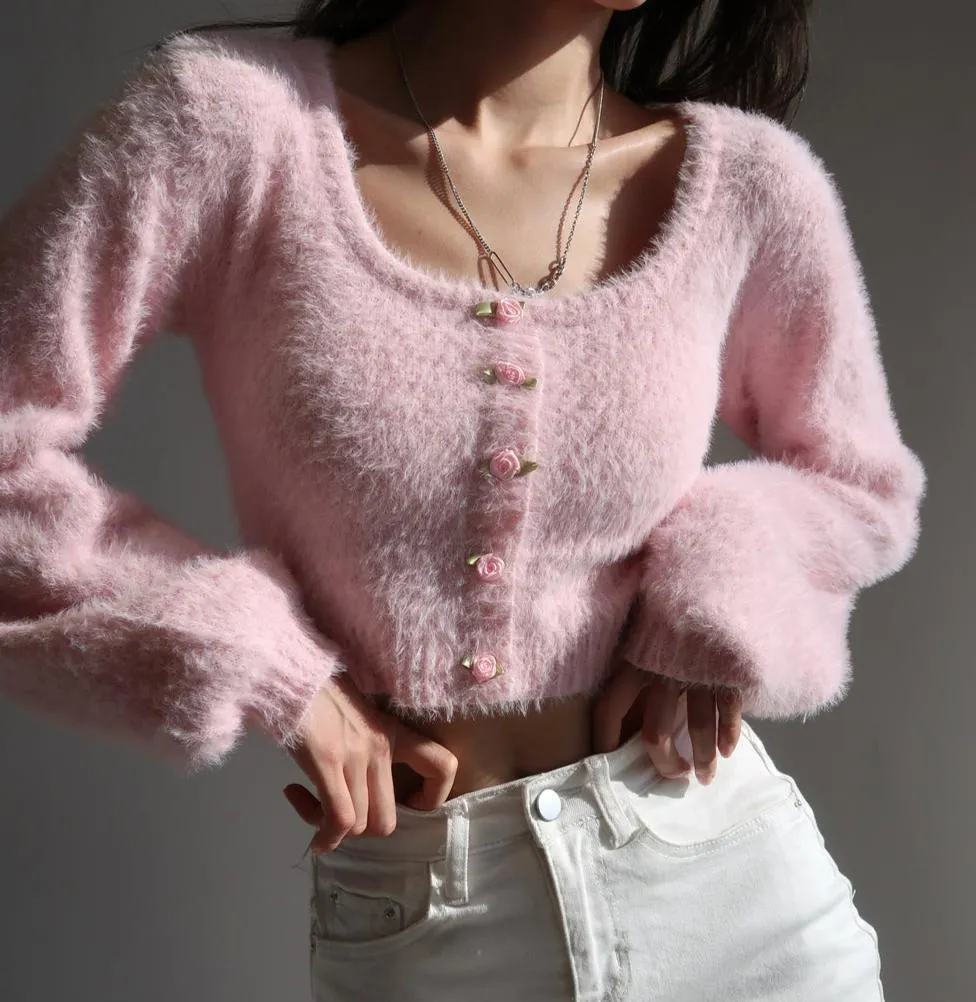 Aria Rose Button Fuzzy Crop Cardigan