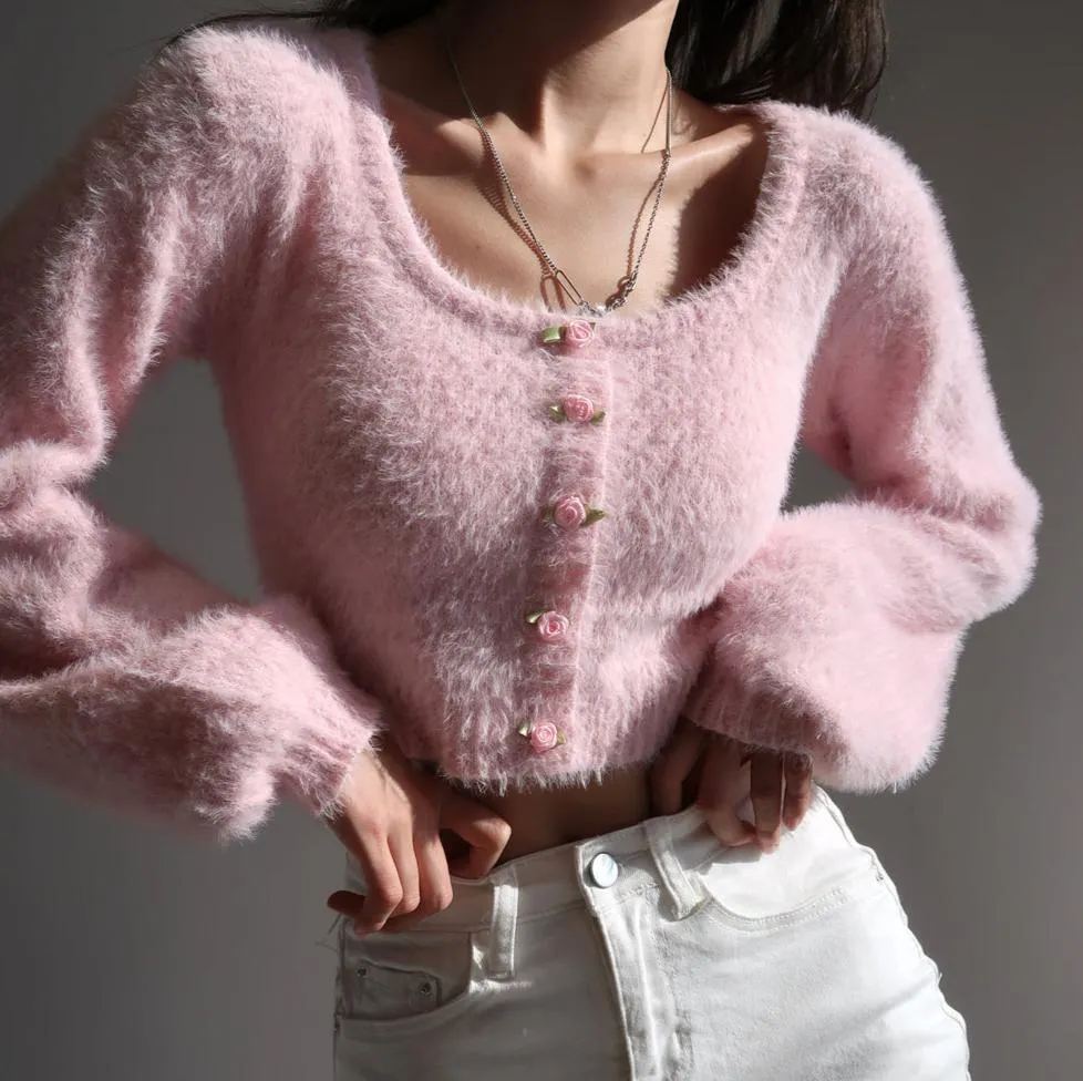 Aria Rose Button Fuzzy Crop Cardigan