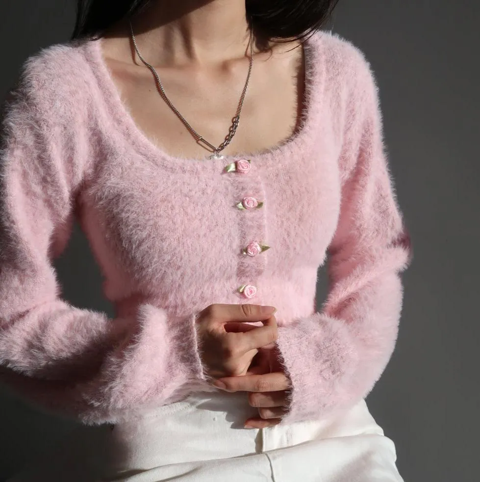 Aria Rose Button Fuzzy Crop Cardigan