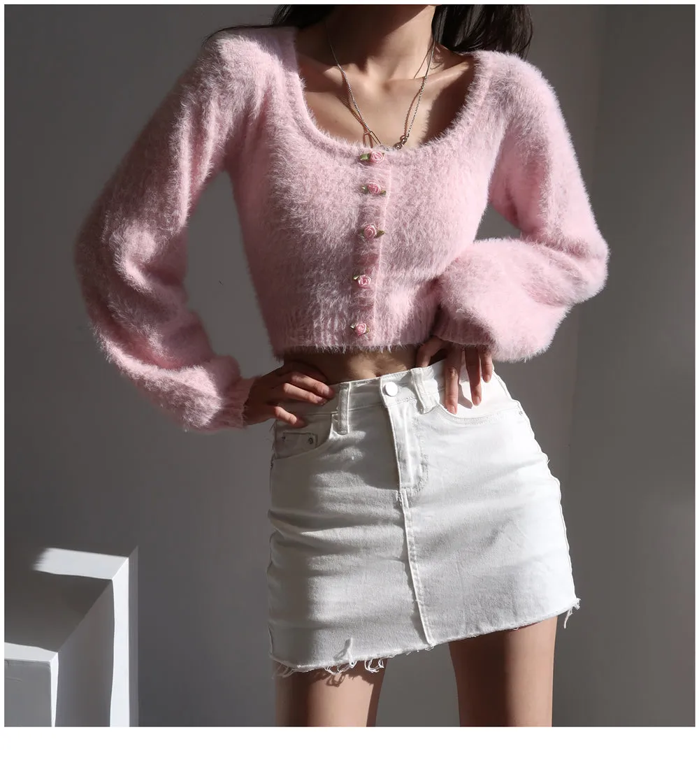 Aria Rose Button Fuzzy Crop Cardigan