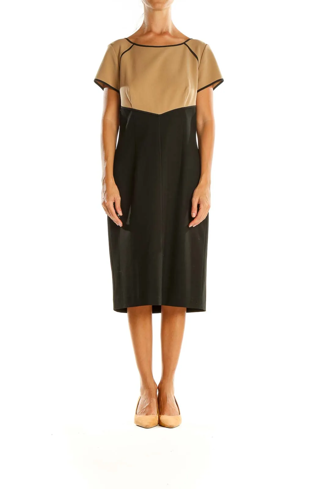 Black Beige Colorblock Classic Sheath Dress