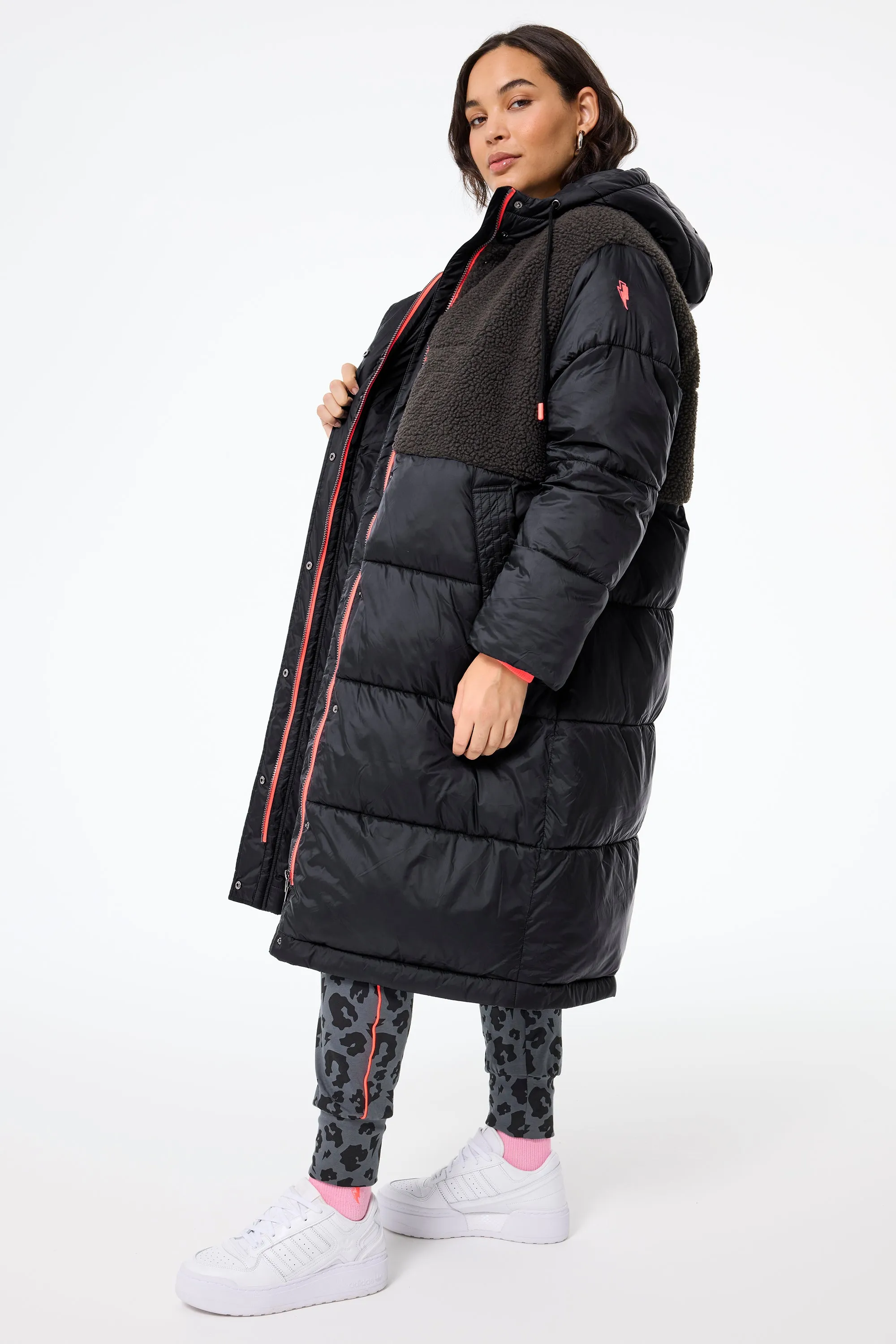 Black Quilted with Borg Longline Puffer Coat