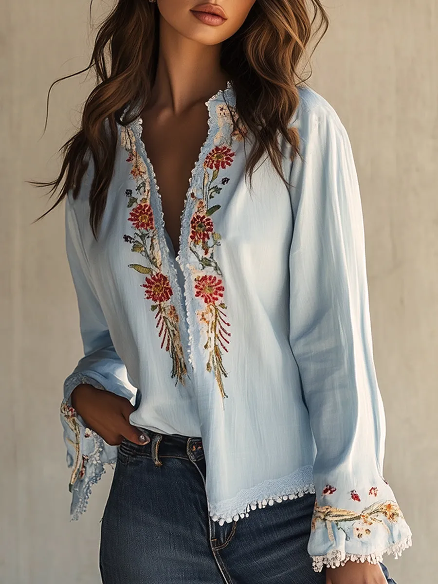 Blue Cotton Embroidered Fringe Patchwork Shirt