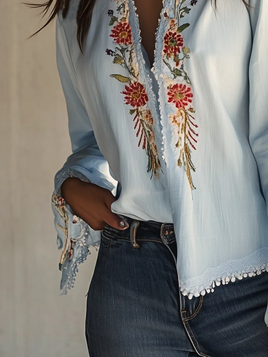 Blue Cotton Embroidered Fringe Patchwork Shirt