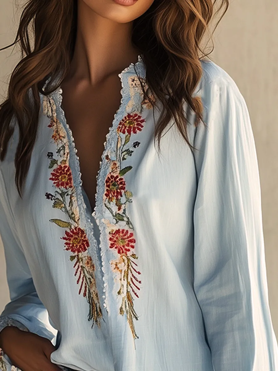 Blue Cotton Embroidered Fringe Patchwork Shirt