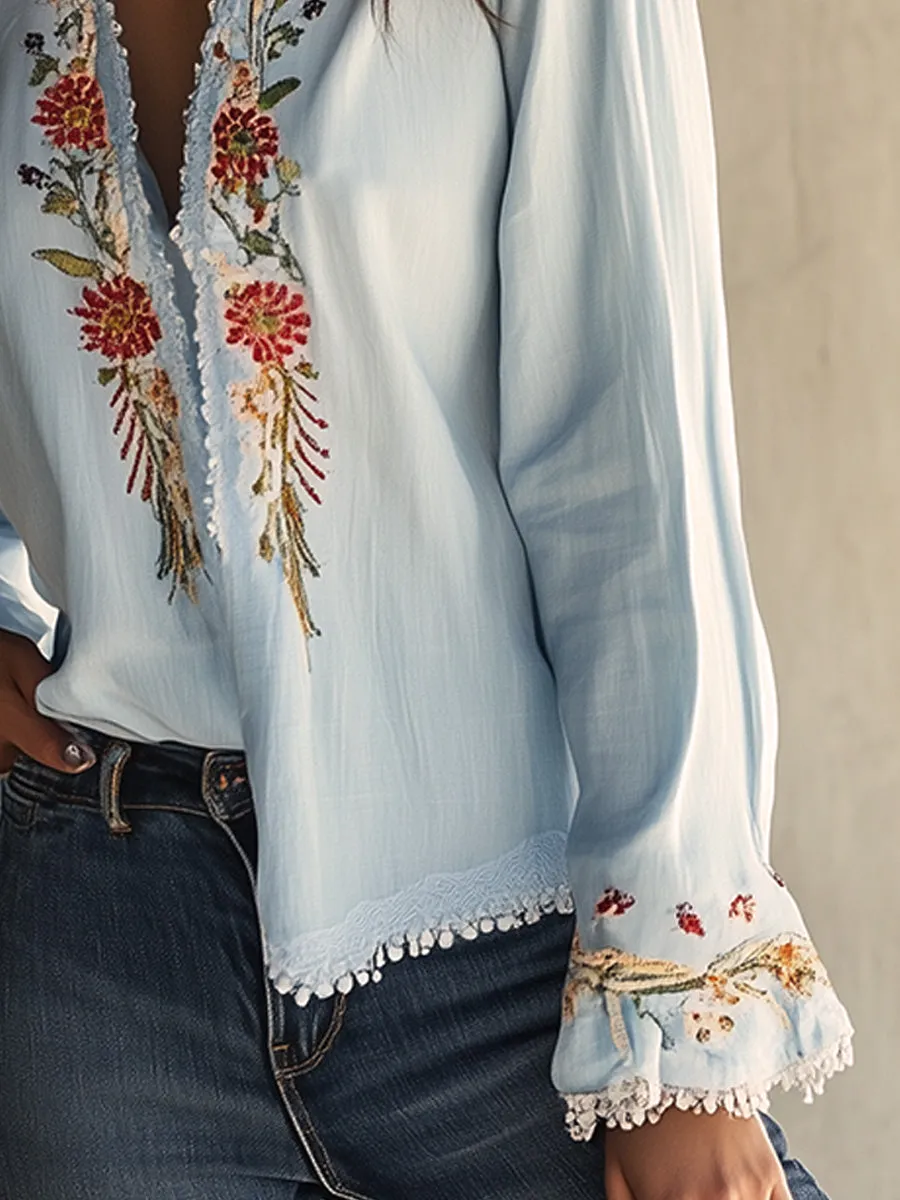 Blue Cotton Embroidered Fringe Patchwork Shirt