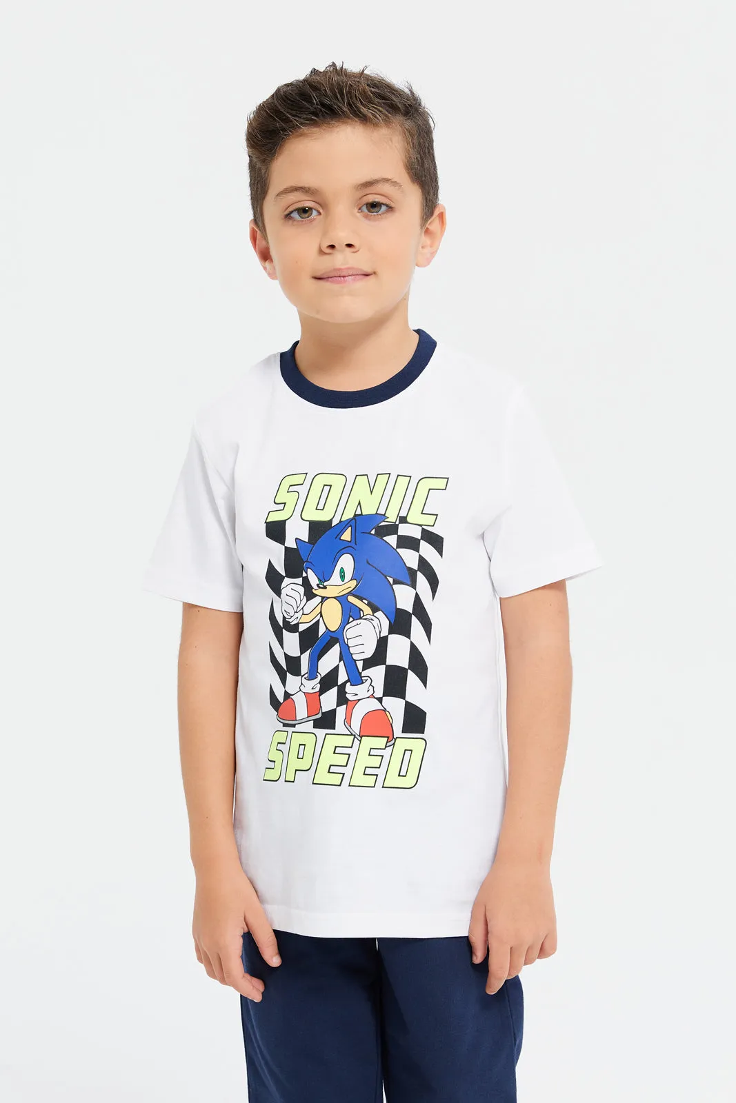 Boys White And Navy Sonic Print Pyjama Set (2 Piece)