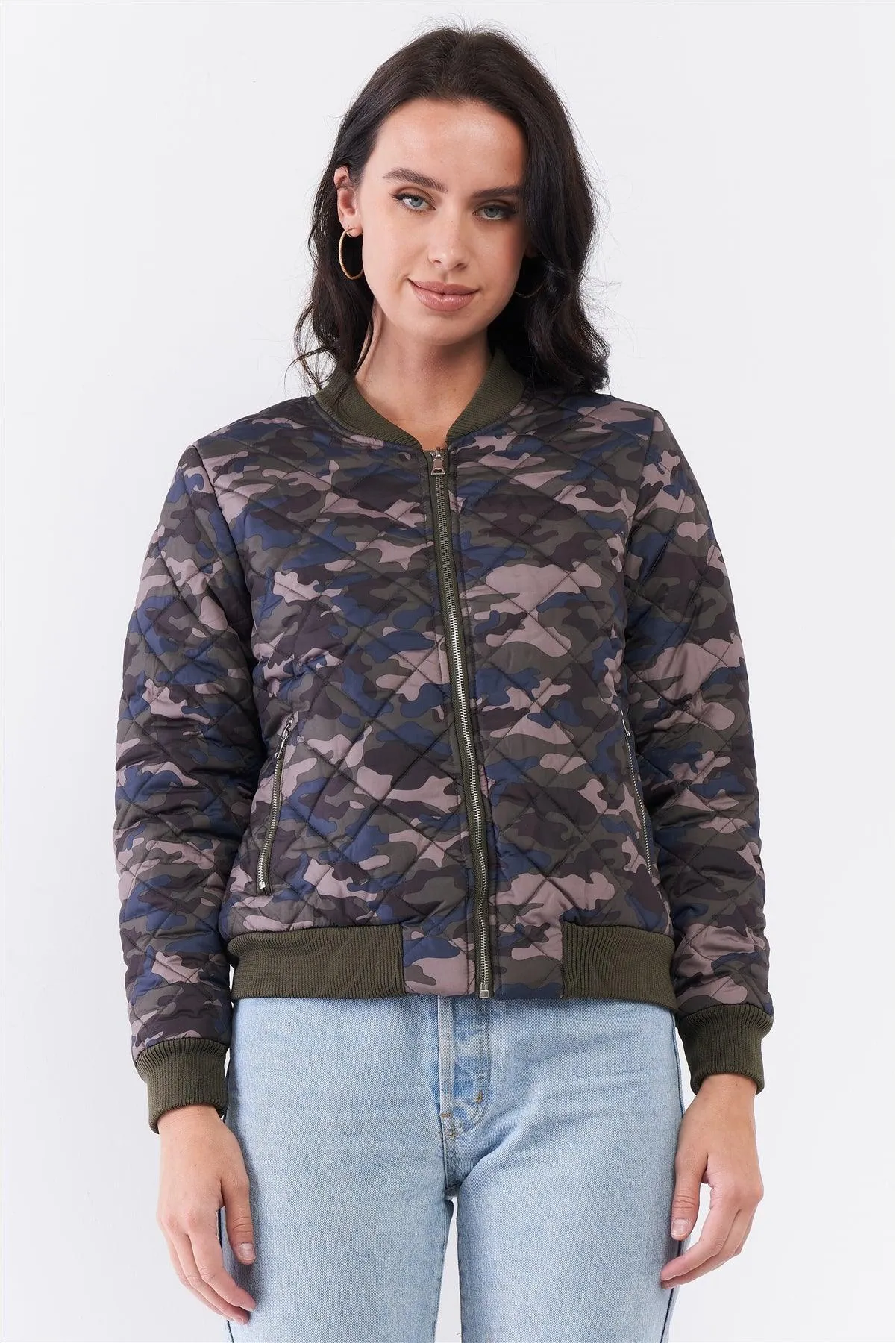 Camo Quilted Puff Sleeve Front Zip-Up Winter Jacket