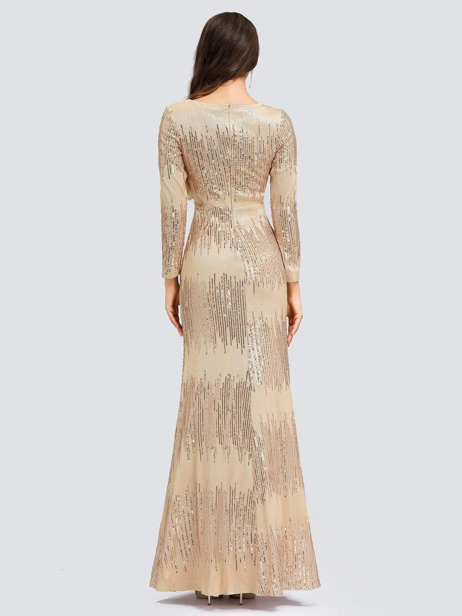 Classic Round Neckline Sequin Evening Dress with Long Sleeves