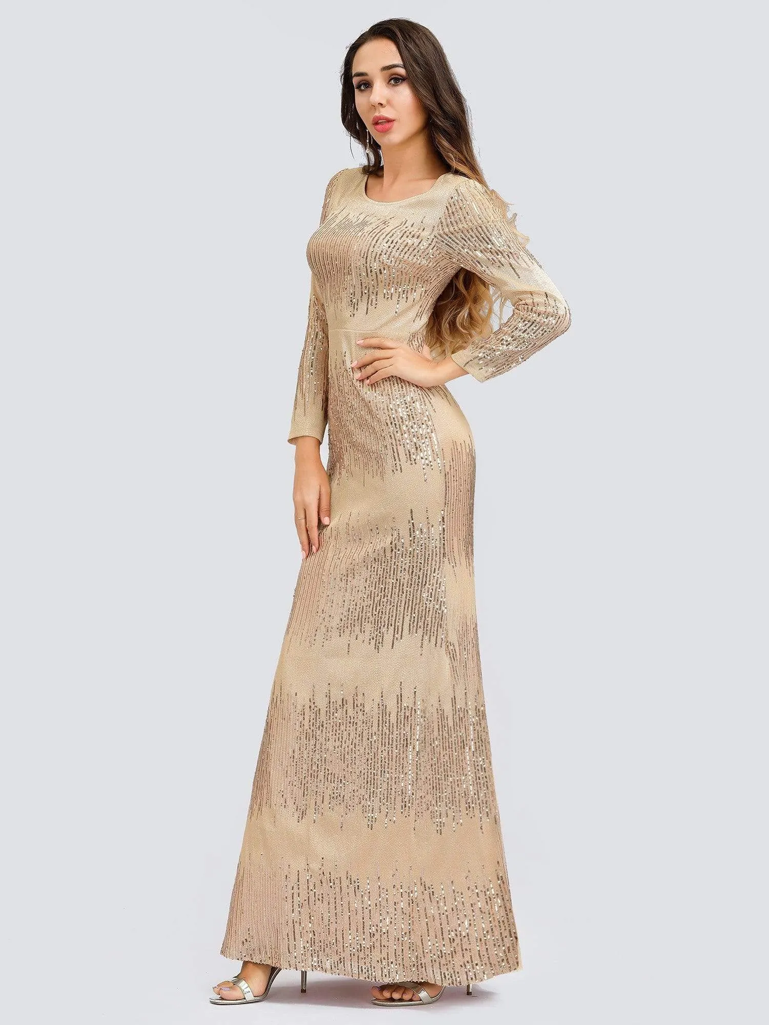 Classic Round Neckline Sequin Evening Dress with Long Sleeves