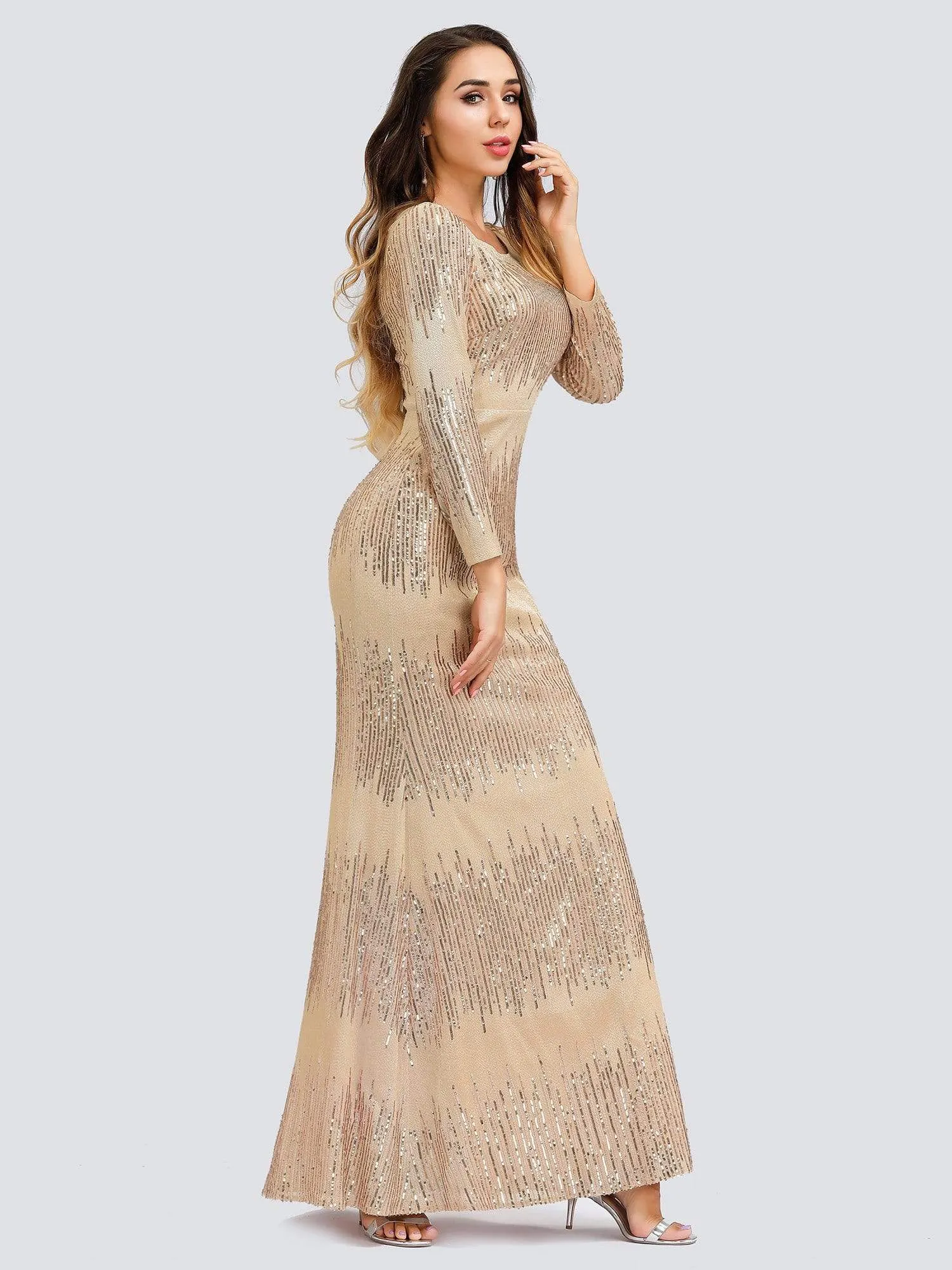 Classic Round Neckline Sequin Evening Dress with Long Sleeves