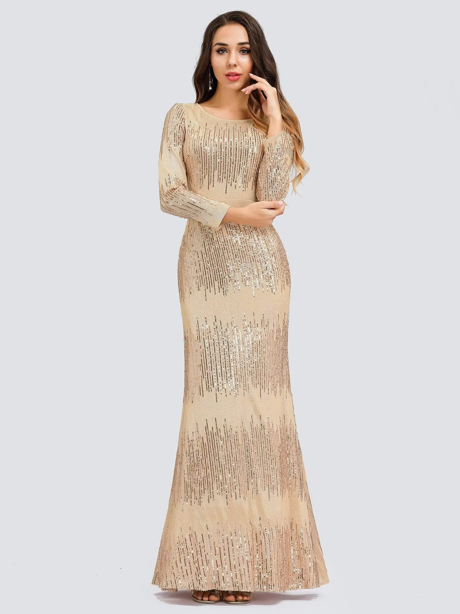 Classic Round Neckline Sequin Evening Dress with Long Sleeves