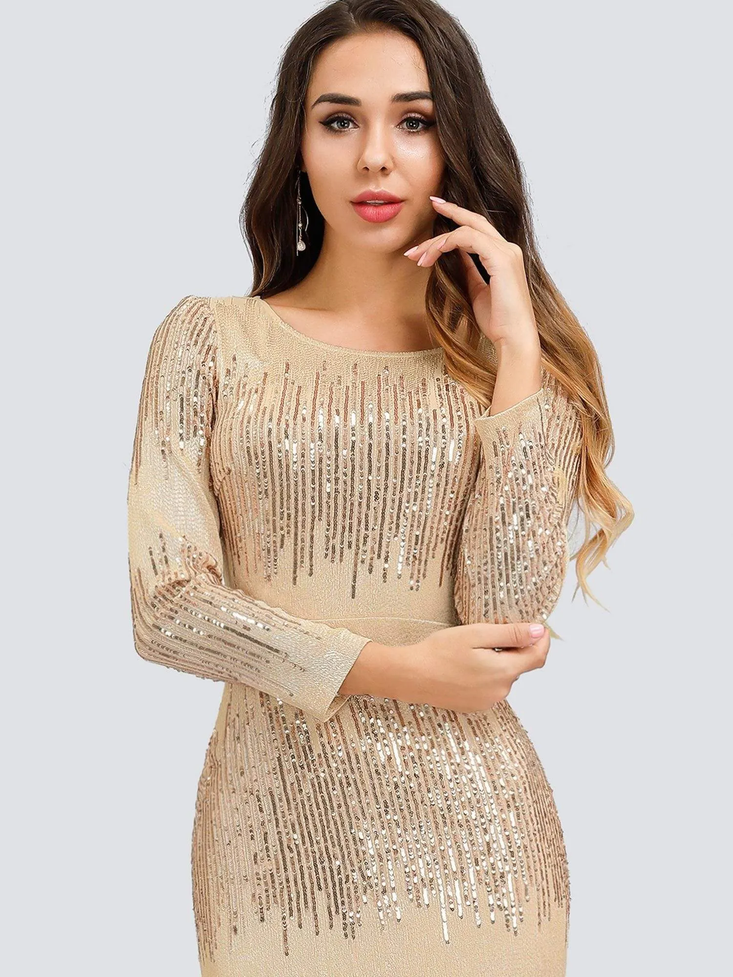 Classic Round Neckline Sequin Evening Dress with Long Sleeves