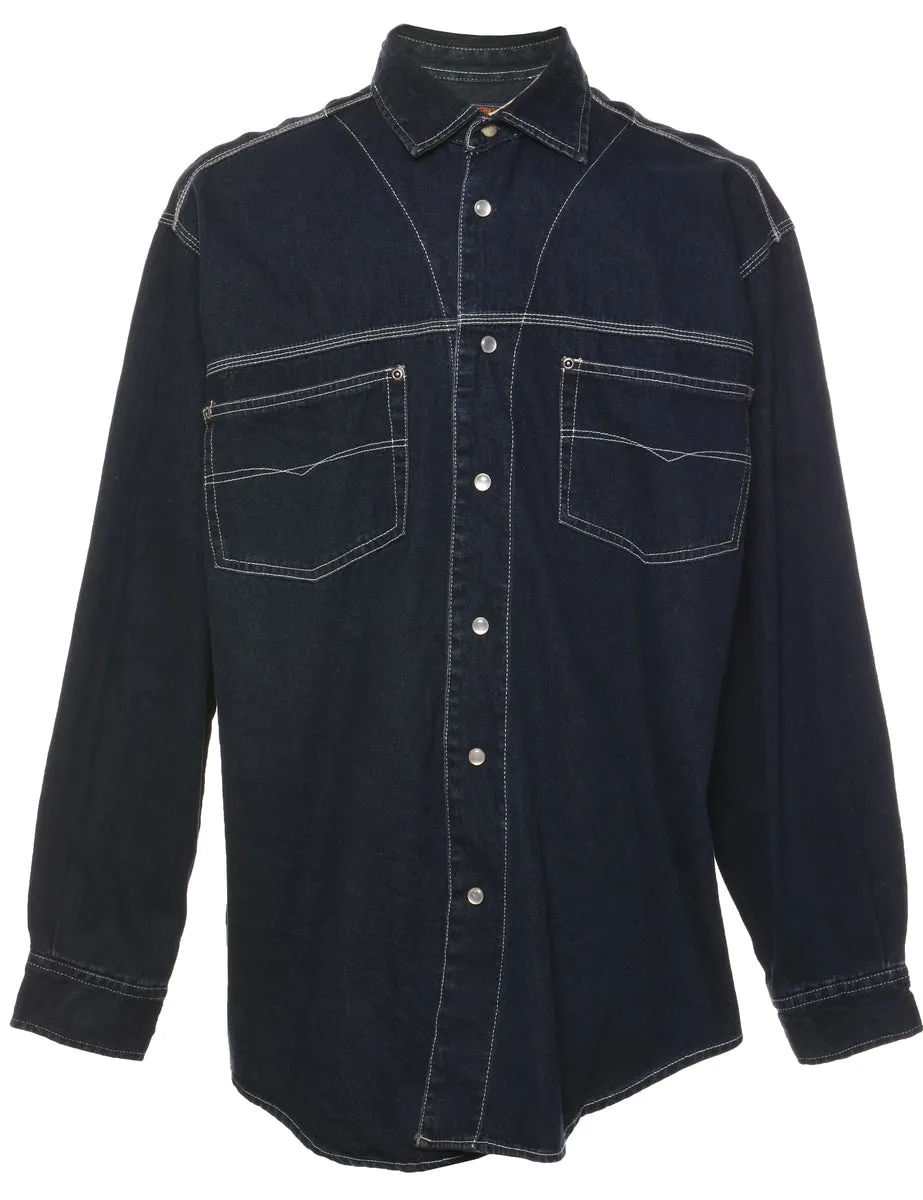 Dark Wash Contrast Stitch Denim Shirt - L