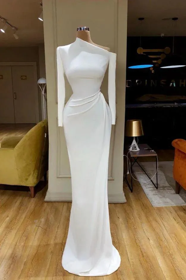 Designer Long White Mermaid One Shoulder Prom Dress With Long Sleeves