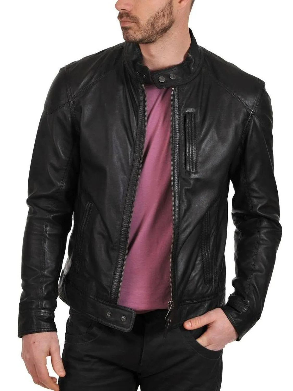 Elaron Brown Cafe Racer Leather Jacket