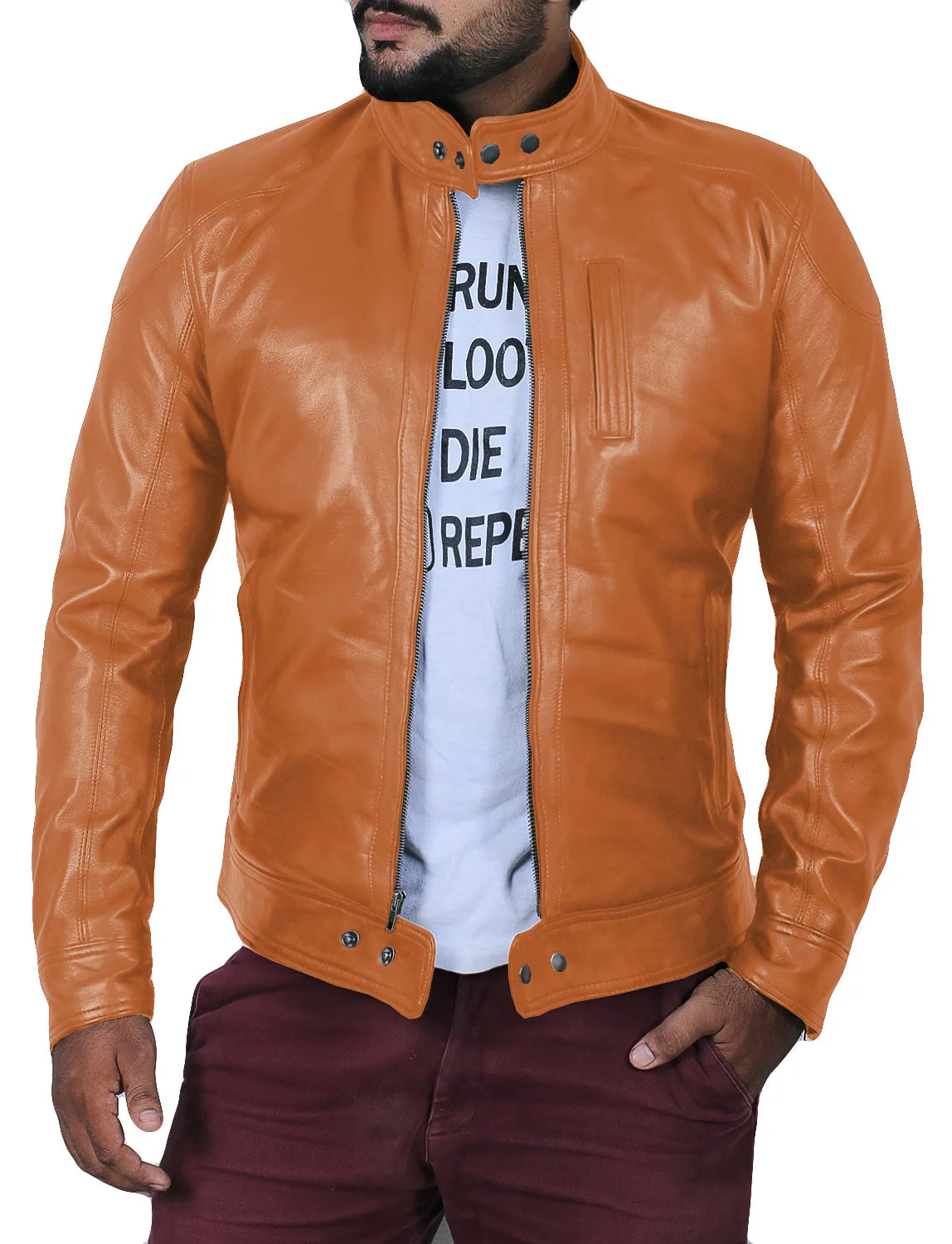 Elaron Brown Cafe Racer Leather Jacket