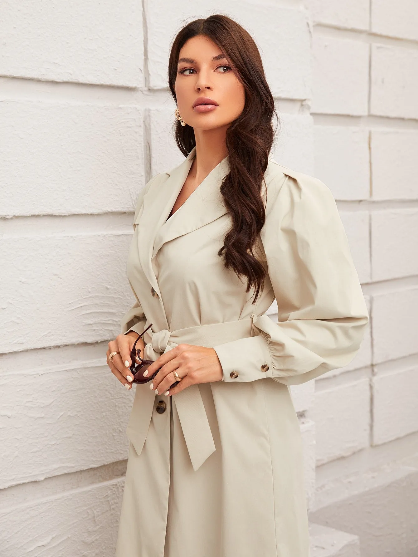 Elegant Plain Belted Long Sleeve Midi Women Trench Coat