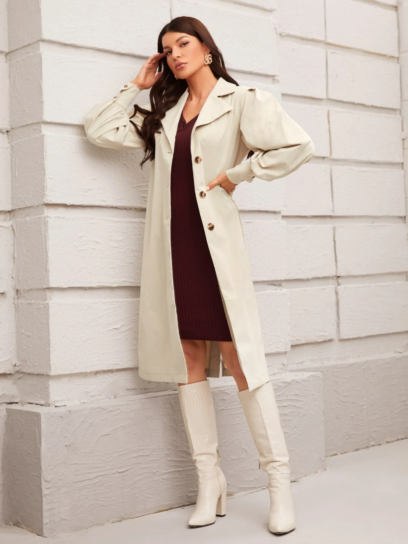 Elegant Plain Belted Long Sleeve Midi Women Trench Coat