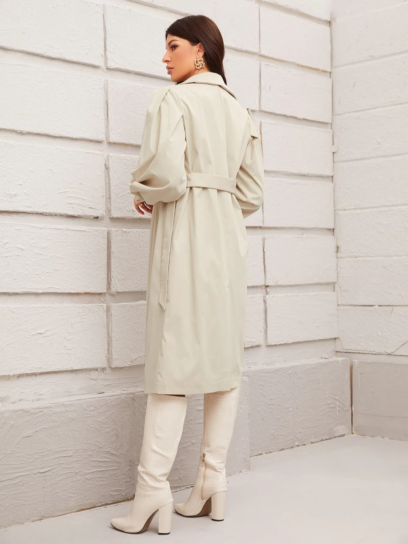 Elegant Plain Belted Long Sleeve Midi Women Trench Coat