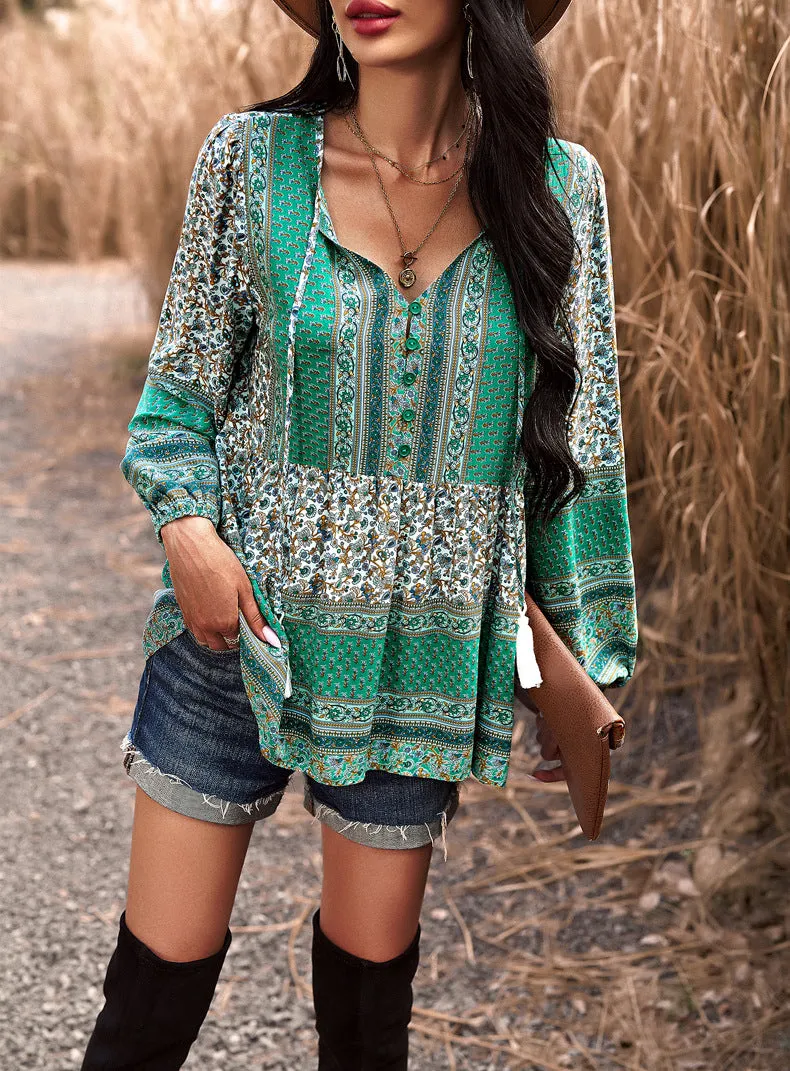 Green Casual Floral V Neck Long Sleeve Loose Blouses