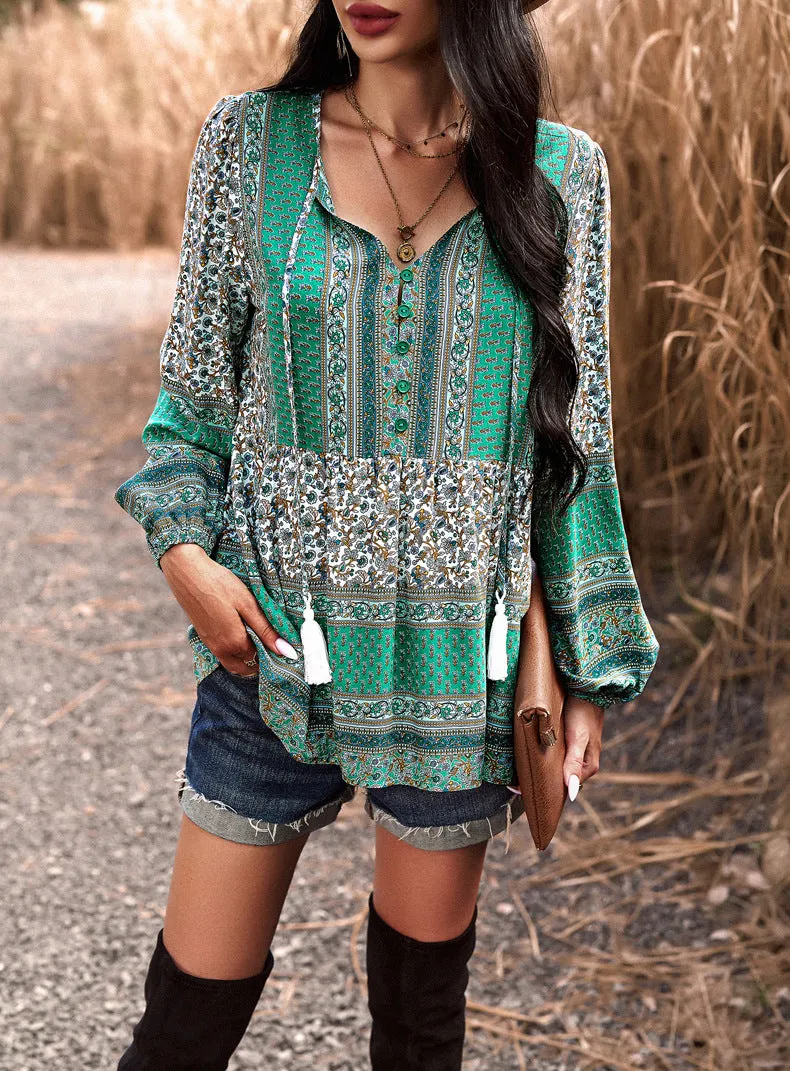 Green Casual Floral V Neck Long Sleeve Loose Blouses