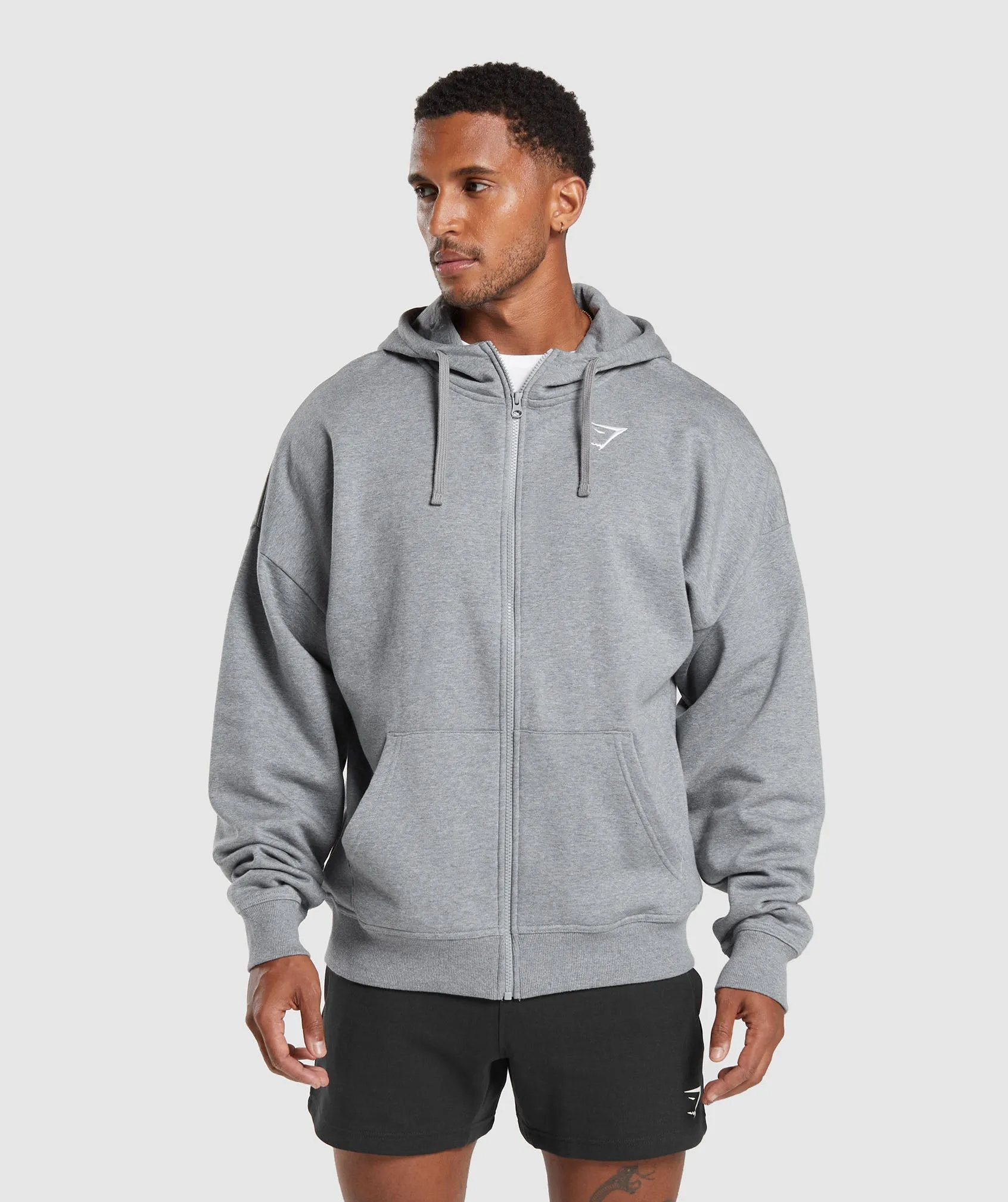 Gymshark Crest Oversized Zip Up Hoodie - Charcoal Grey Marl