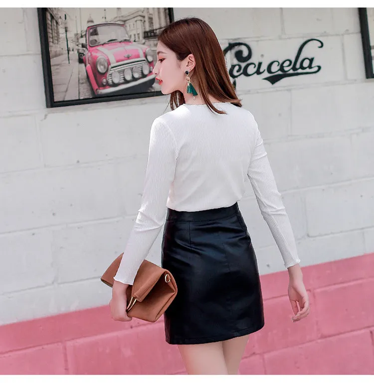 High Waist PU Mid-Length Skirt Women Slim Look Black A-Line Hip Flattering XDCrgLoUm Skirt