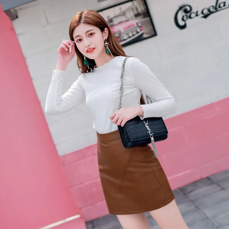 High Waist PU Mid-Length Skirt Women Slim Look Black A-Line Hip Flattering XDCrgLoUm Skirt