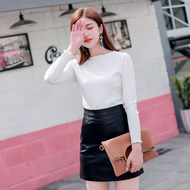 High Waist PU Mid-Length Skirt Women Slim Look Black A-Line Hip Flattering XDCrgLoUm Skirt