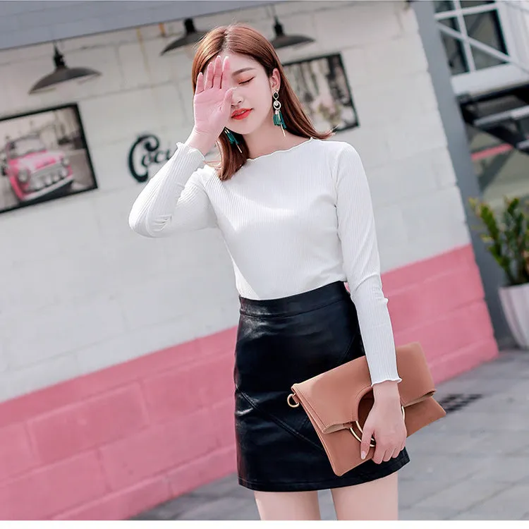 High Waist PU Mid-Length Skirt Women Slim Look Black A-Line Hip Flattering XDCrgLoUm Skirt