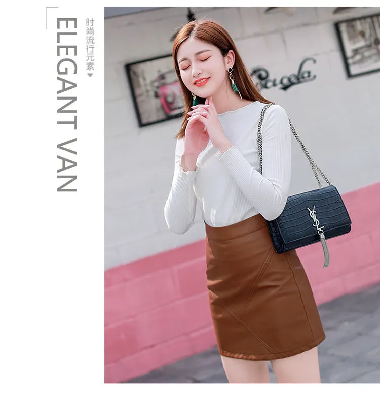 High Waist PU Mid-Length Skirt Women Slim Look Black A-Line Hip Flattering XDCrgLoUm Skirt