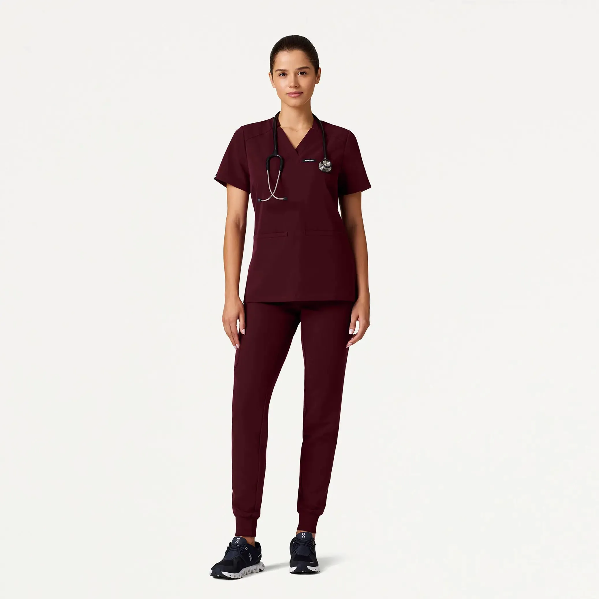 Jaanuu Women's Helia Slim Notched V-Neck Scrub Top - Burgundy