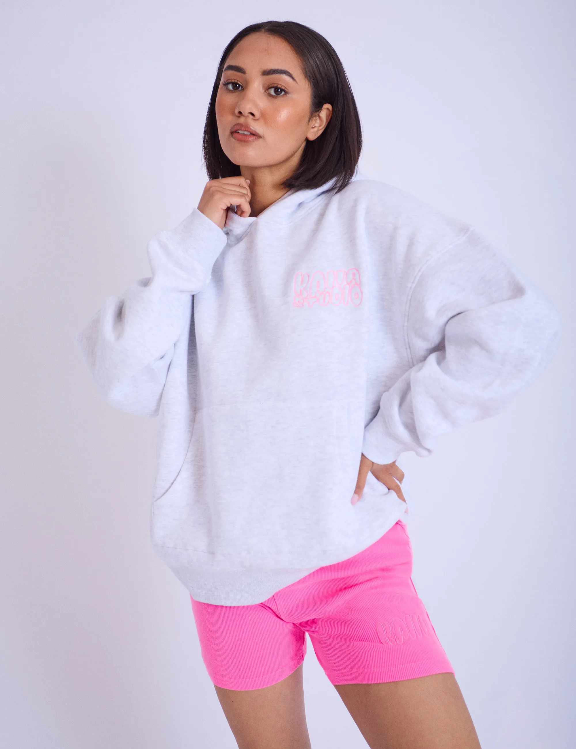 Kaiia Studio Embroidered Bubble Logo Oversized Hoodie Grey Marl & Pink