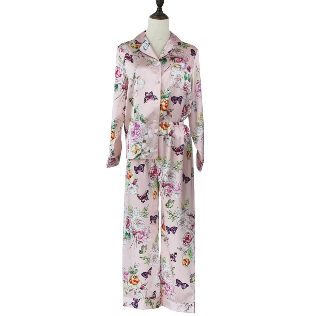 Luxury Mulberry Silk Ladies Pajamas Set Long Butterfly Print Silk Pajamas For Women