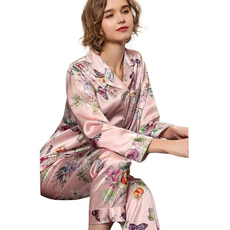 Luxury Mulberry Silk Ladies Pajamas Set Long Butterfly Print Silk Pajamas For Women