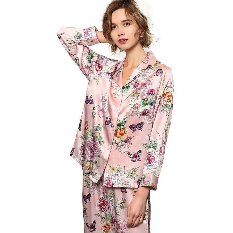 Luxury Mulberry Silk Ladies Pajamas Set Long Butterfly Print Silk Pajamas For Women