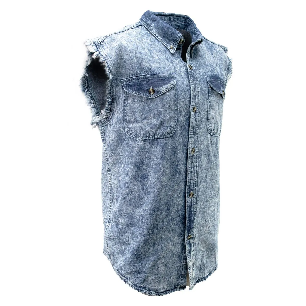 Milwaukee Leather MDM11684 Men’s Classic Light Blue Button-Down Cut Off Frayed Sleeveless Casual Shirt