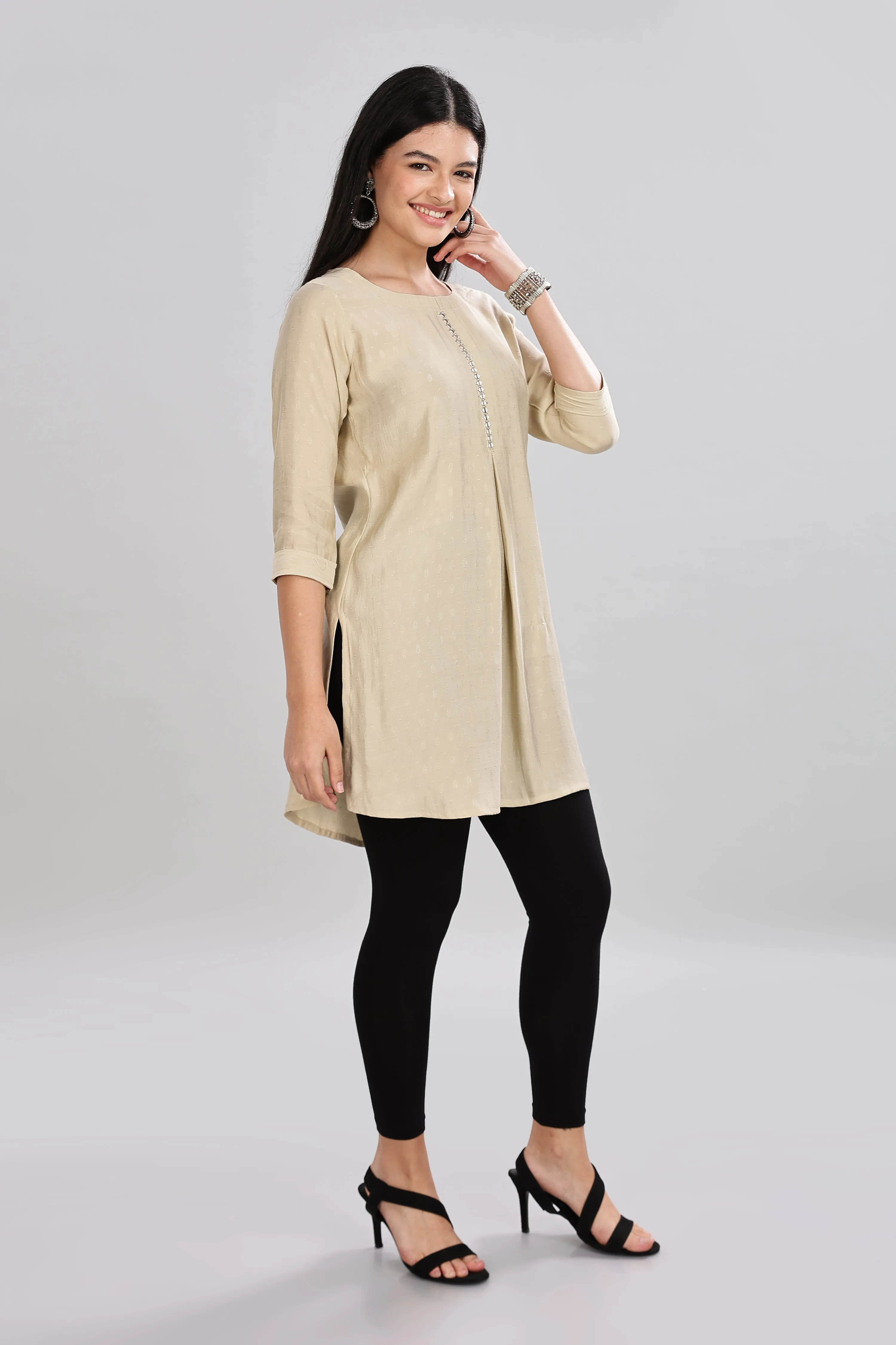 Mythri Round Neck Embroidered Top With 3/4th Sleeve  - Beige - TO16