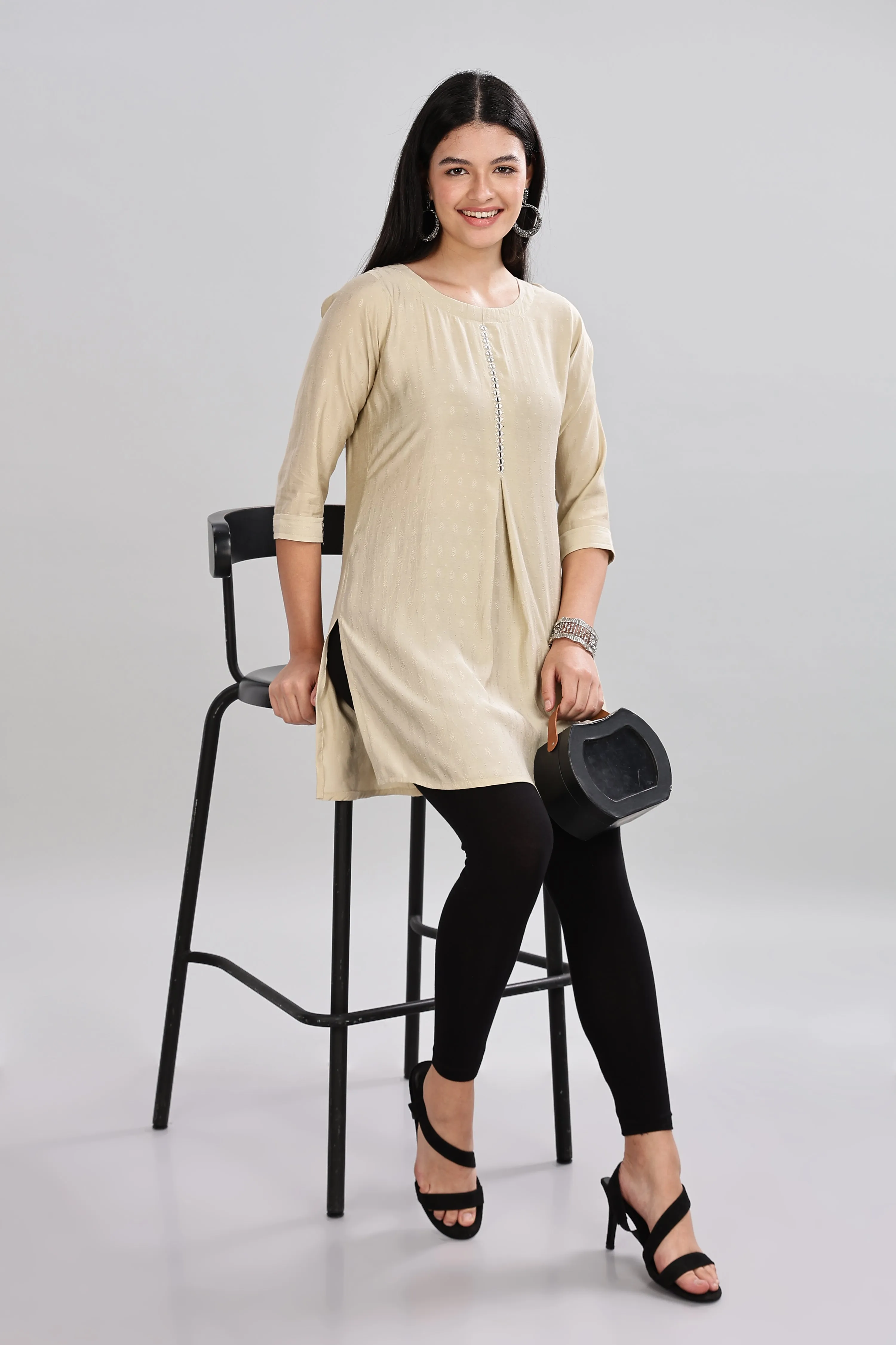 Mythri Round Neck Embroidered Top With 3/4th Sleeve  - Beige - TO16