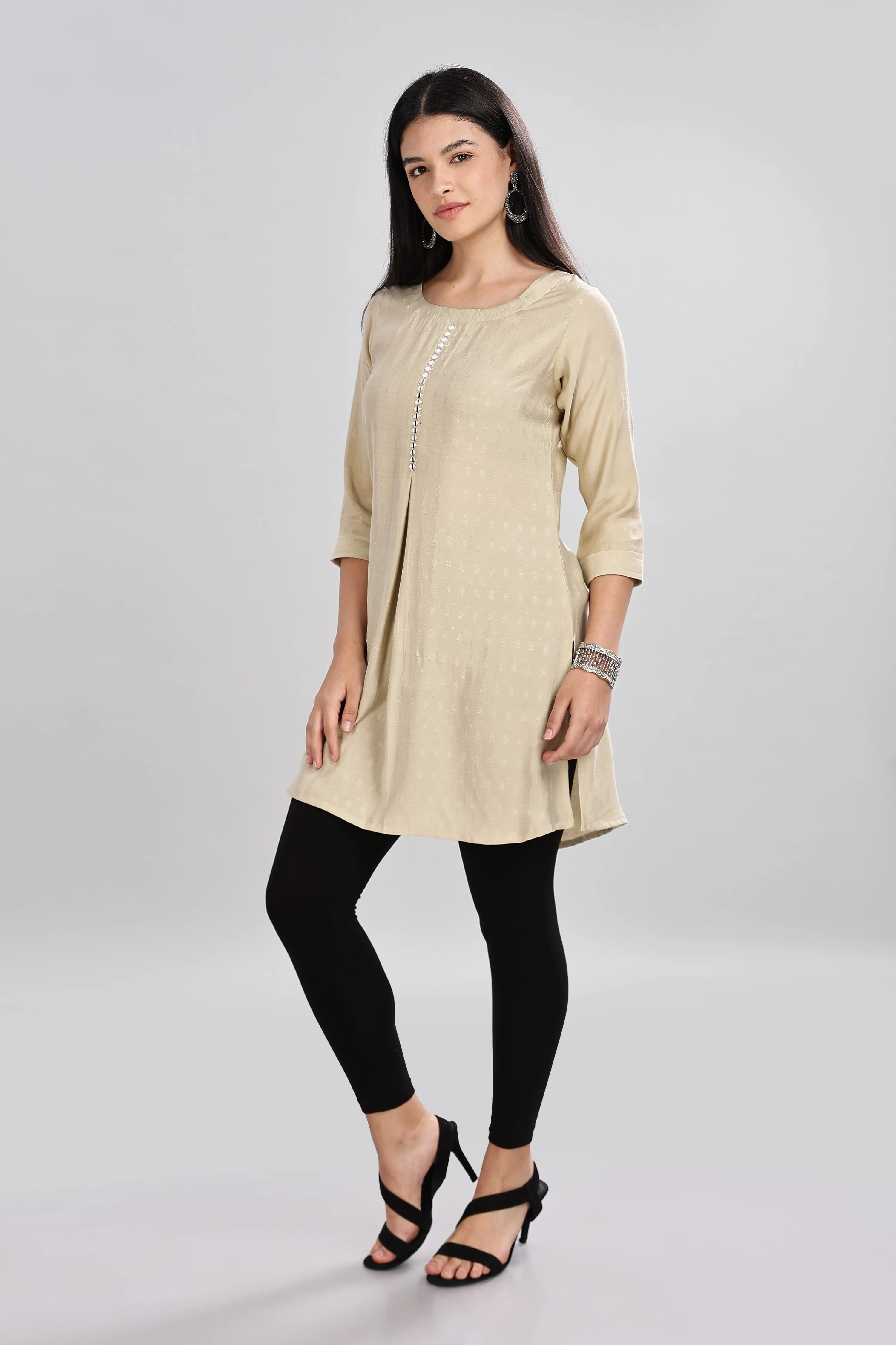 Mythri Round Neck Embroidered Top With 3/4th Sleeve  - Beige - TO16