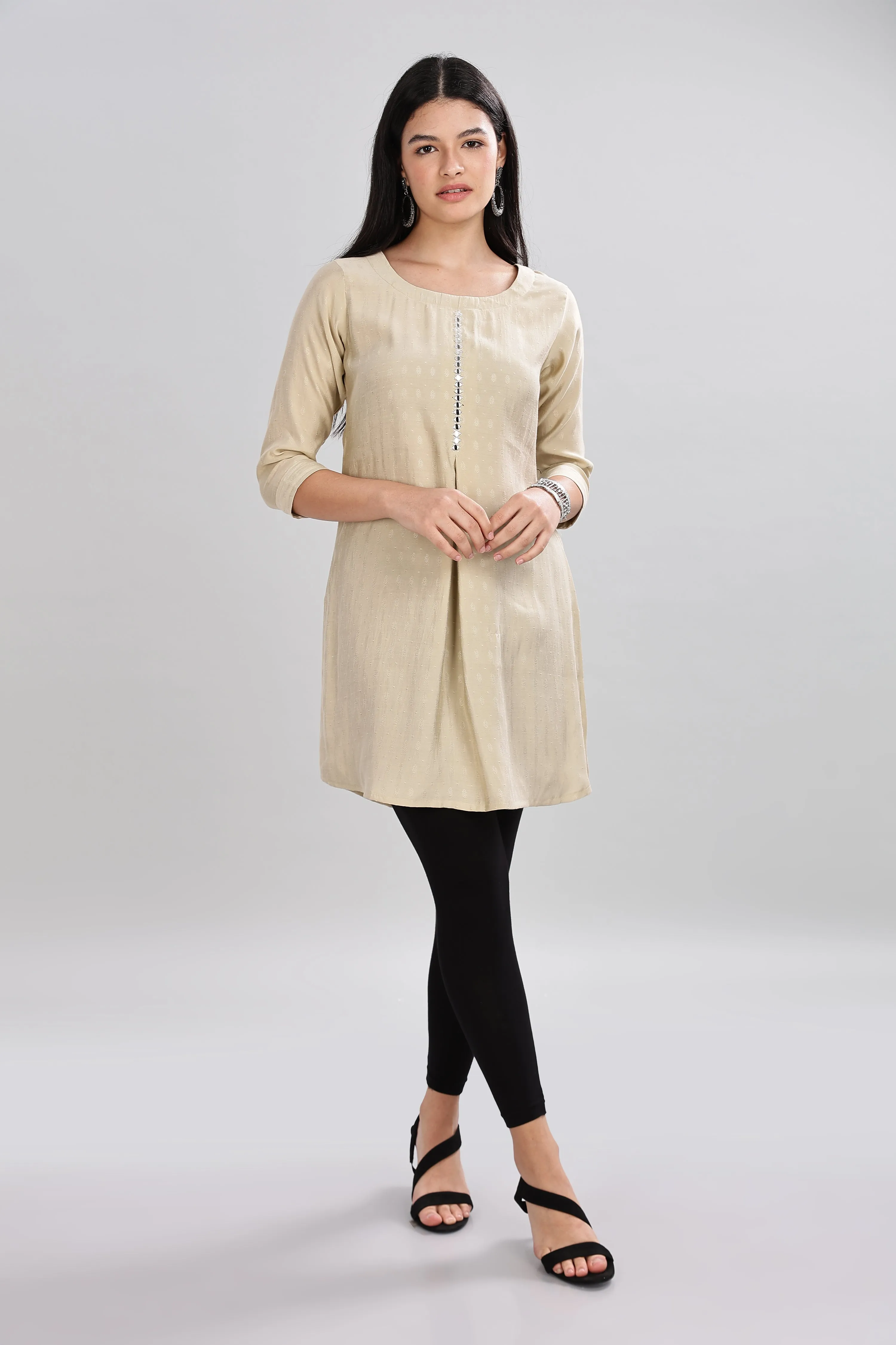 Mythri Round Neck Embroidered Top With 3/4th Sleeve  - Beige - TO16