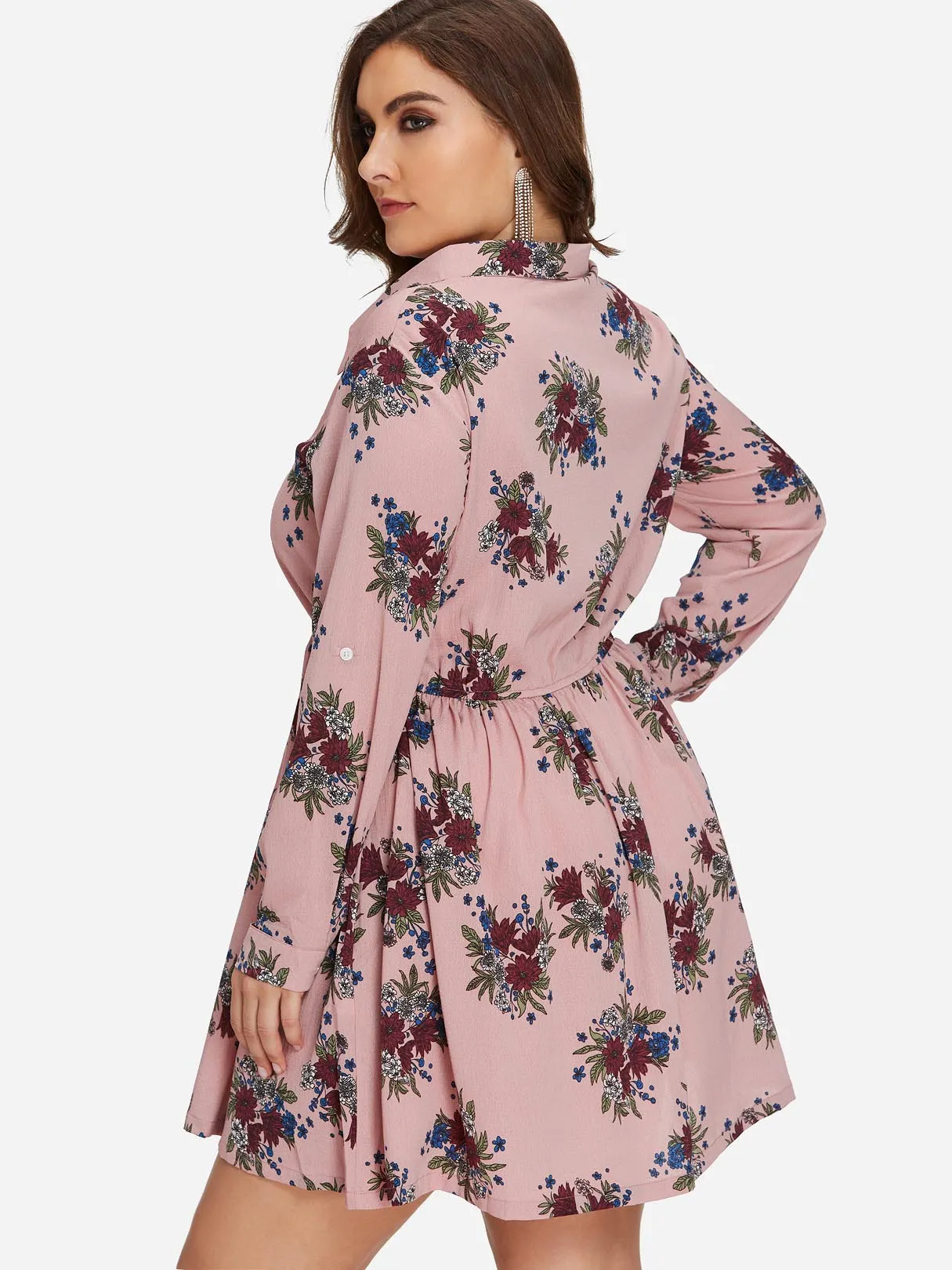 OEM ODM Classic Collar Floral Print Long Sleeve Pink Plus Size Dress