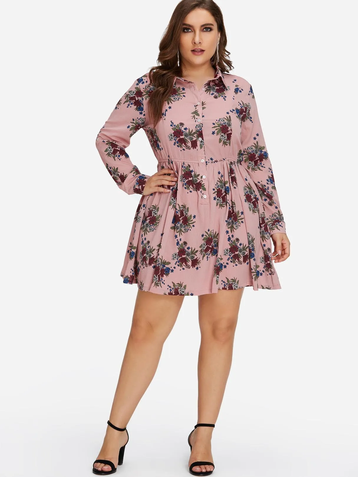 OEM ODM Classic Collar Floral Print Long Sleeve Pink Plus Size Dress