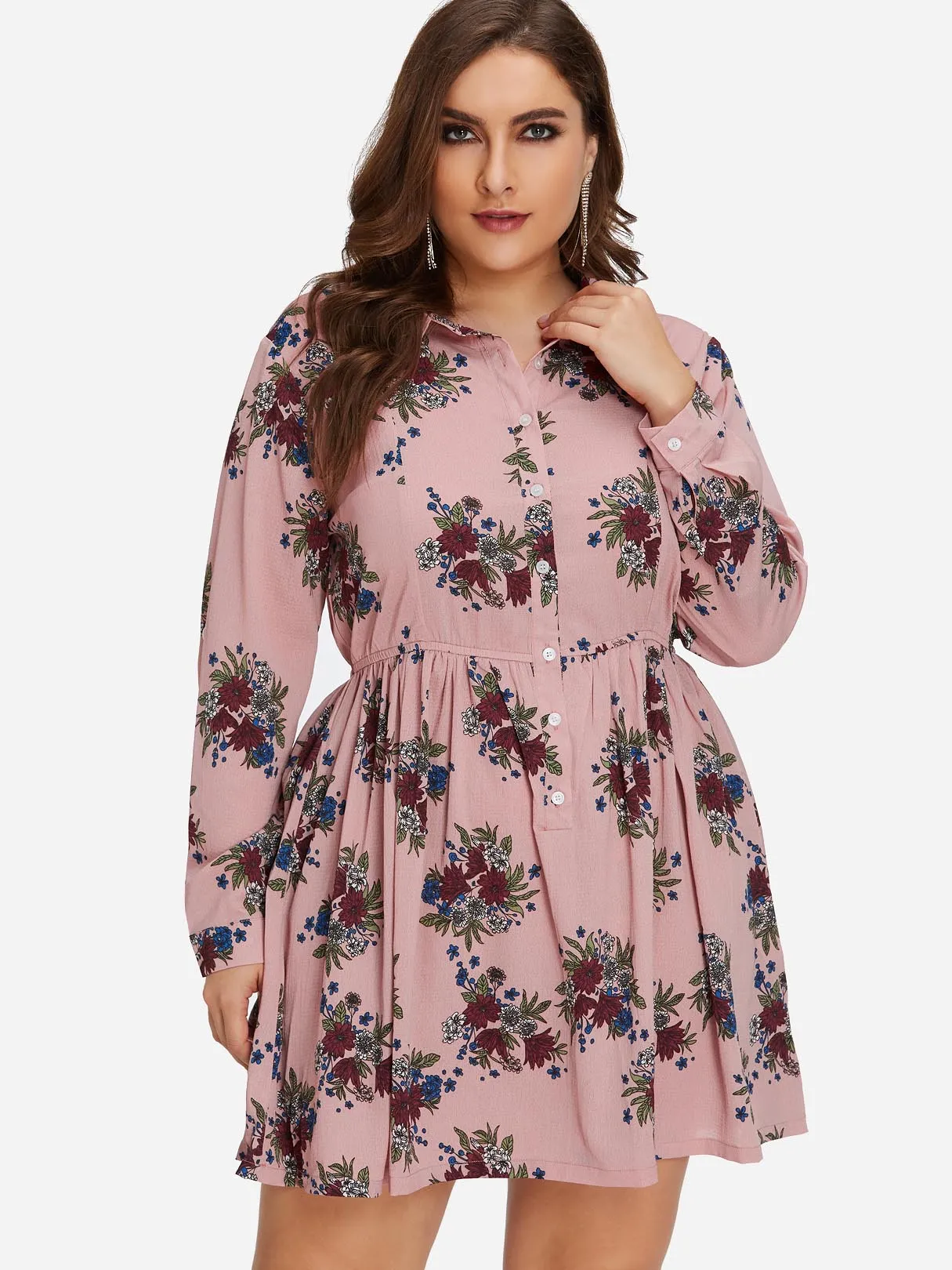 OEM ODM Classic Collar Floral Print Long Sleeve Pink Plus Size Dress