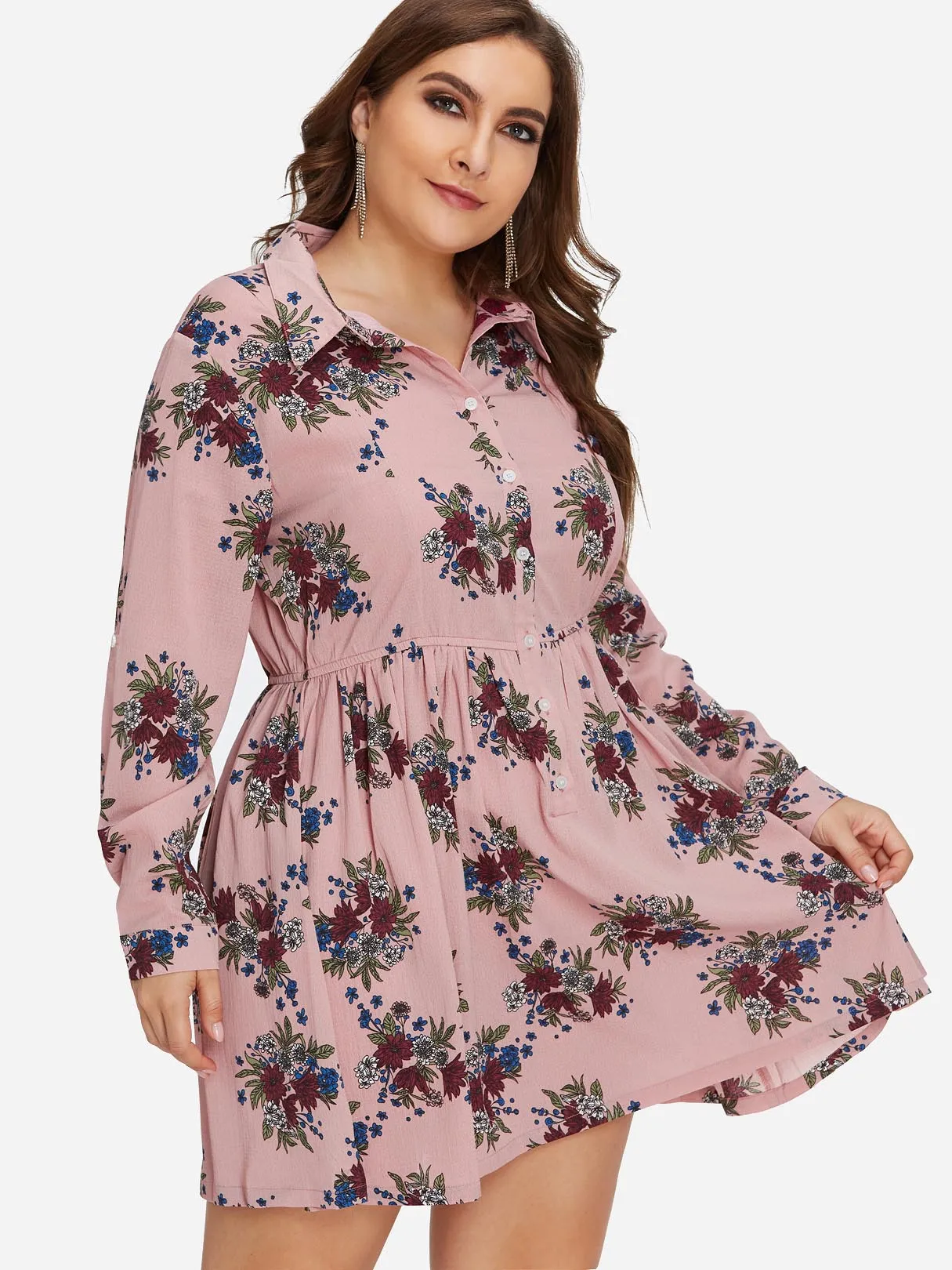 OEM ODM Classic Collar Floral Print Long Sleeve Pink Plus Size Dress