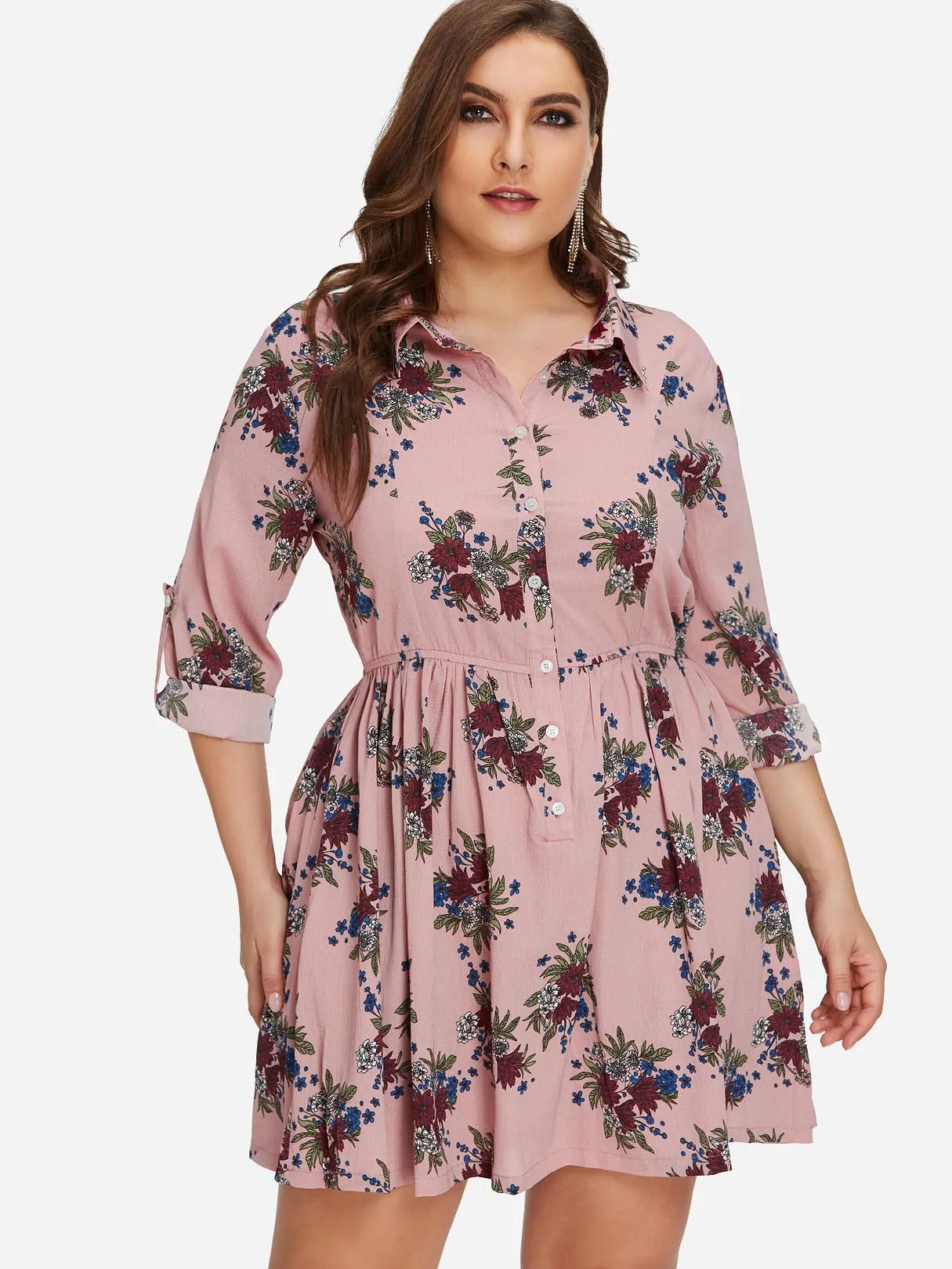 OEM ODM Classic Collar Floral Print Long Sleeve Pink Plus Size Dress