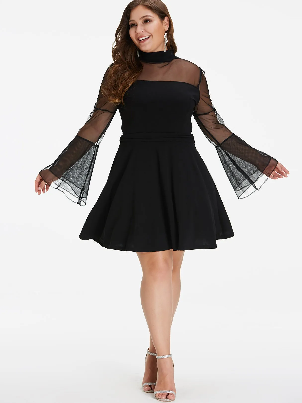 OEM ODM Classic Collar Plain See Through Long Sleeve Black Plus Size Dress