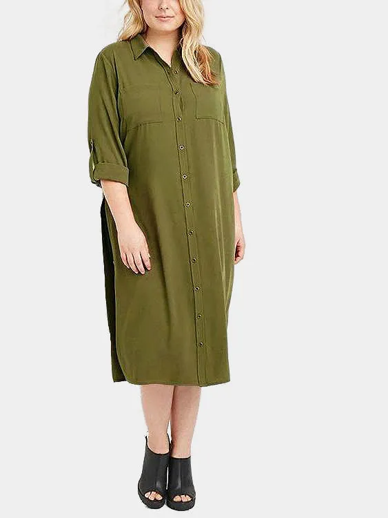 OEM ODM Classic Collar Plain Two Large Pockets Long Sleeve Slit Hem Green Plus Size Dresses